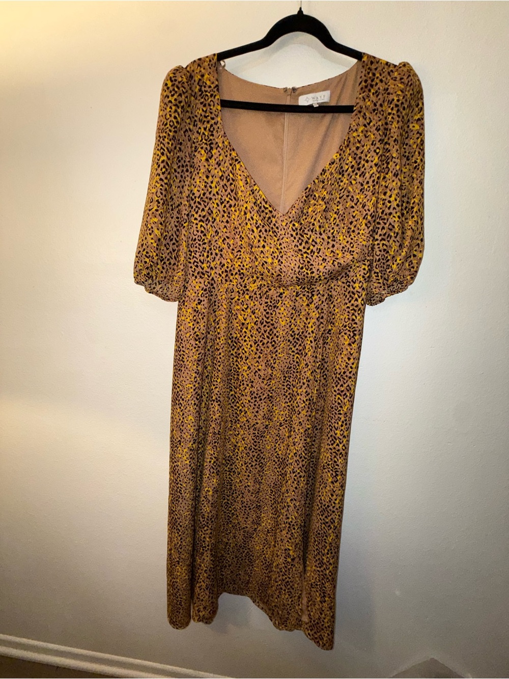 Wayf Yellow Leopard Print V-Neck Midi Dress